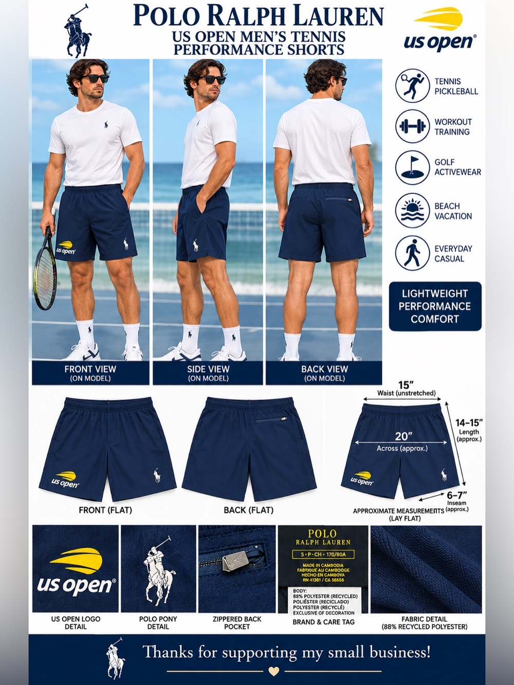 Polo Ralph Lauren US Open Men’s Tennis Performance Shorts Navy Size Small